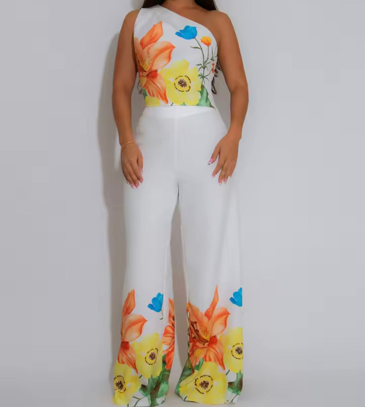 Women One Shoulder Sleeveless White Floral Print Two Piece Pant Set