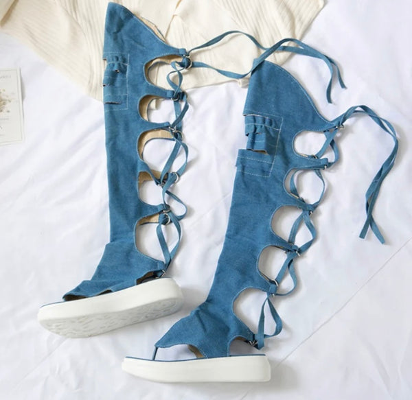 Women Fashion Open Toe Denim Lace Up Knee High Sandals