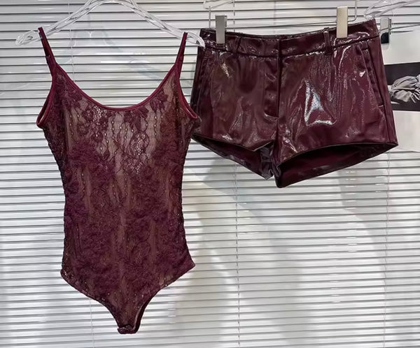 Women Burgundy Sleeveless Bodysuit Two Piece PU Short Set
