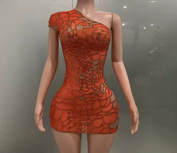 Women Orange One Shoulder Rhinestone Sexy Mesh Dress