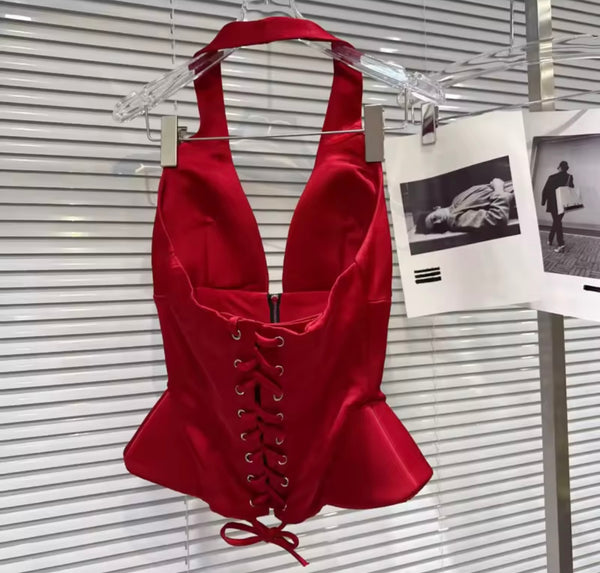 Women Red Halter Sleeveless Two Piece Sexy Skirt Set