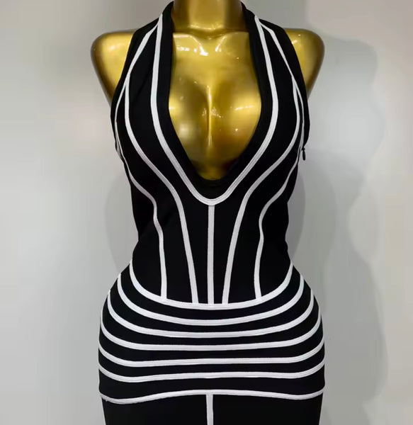 Women Sexy B&W Striped Halter Sleeveless Front Split Maxi Dress