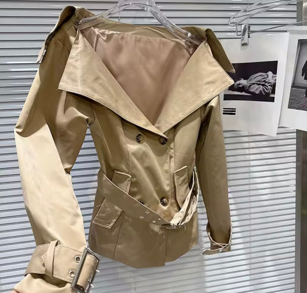 Women Fashion Khaki Full Sleeve Blazer Two Piece Short Set
