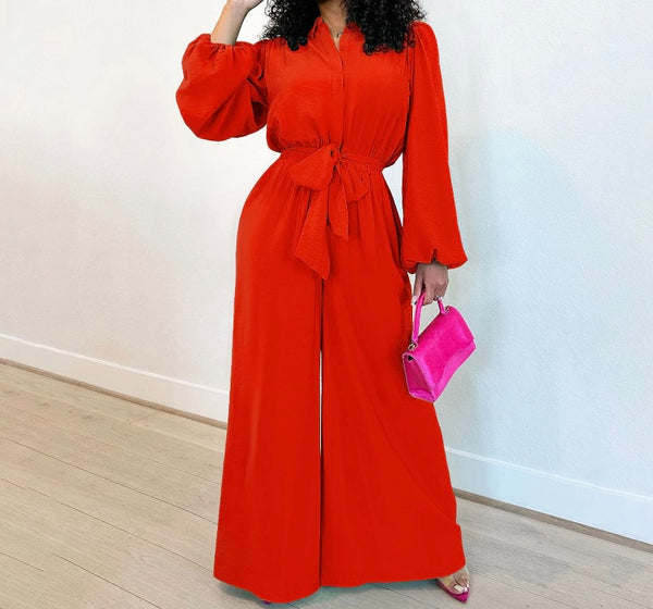 Women Fashion Button Up Solid Color Belted Full Sleeve Jumpsuit