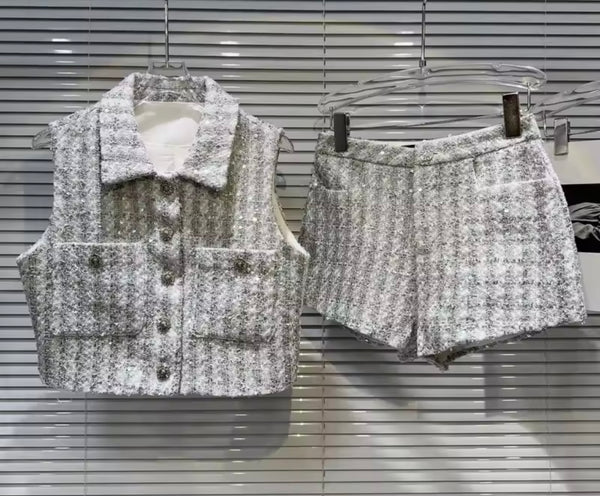 Women Sleeveless Button Up Tweed Two Piece Short Set