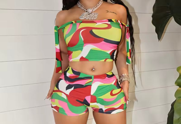 Women Off The Shoulder Sexy Colorful Print Two Piece Short Set