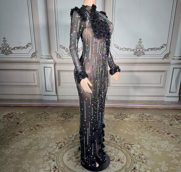 Women Sexy Black Multicolored Rhinestone Mesh Maxi Dress