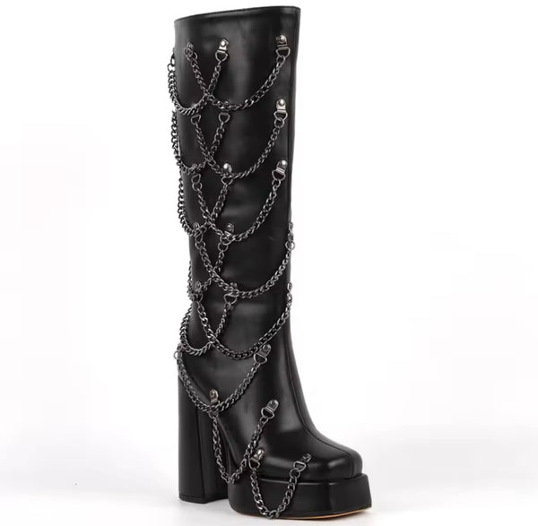Women Fashion Black Chain Platform Knee High Boots