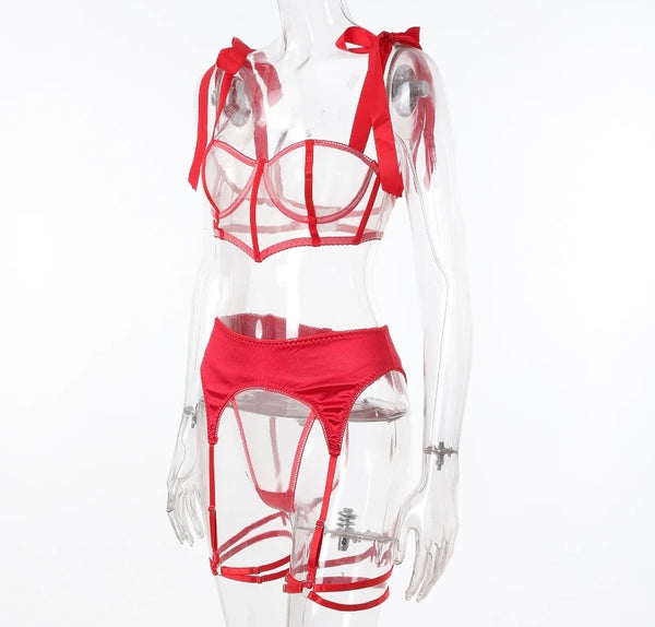 Women Red Sexy Satin Mesh Lingerie Set