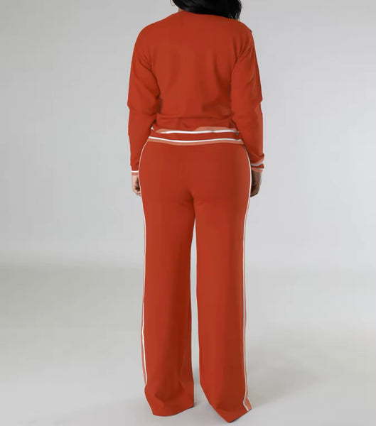 Women Solid Color Striped Patchwork Full Sleeve Two Piece Pant Set