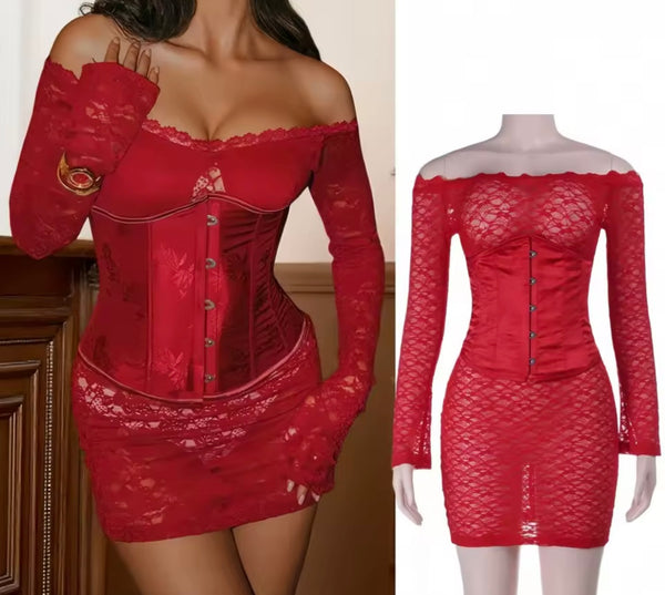 Women Red Sexy Lace Corset Full Sleeve Dress