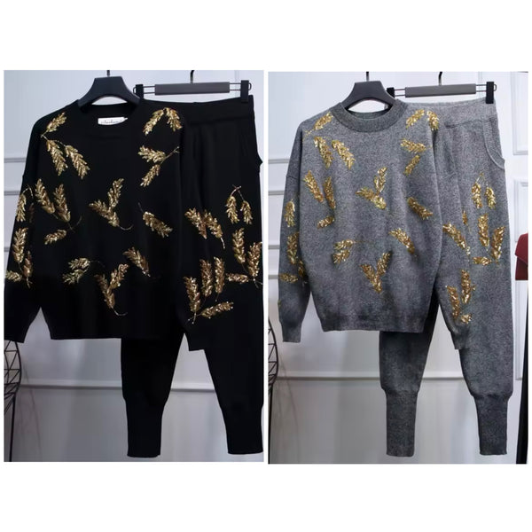 Women Fashion Full Sleeve Sequins Patchwork Tracksuit Two Piece Pant Set