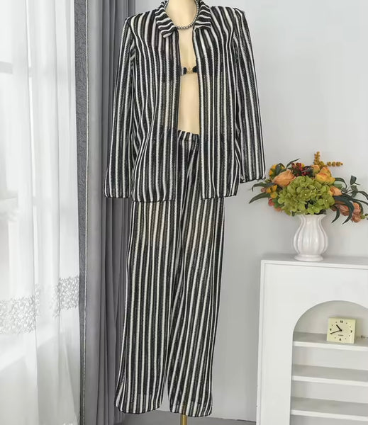 Women Sexy Color Striped Bikini Cover Up Set