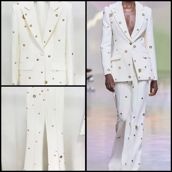 Women Rivet Full Sleeve Fashion Blazer Two Piece Pant Set
