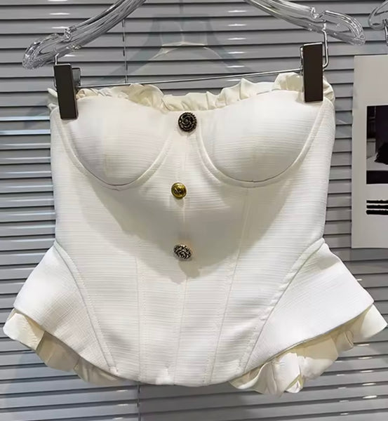 Women Sexy Button Strapless Two Piece Short Set