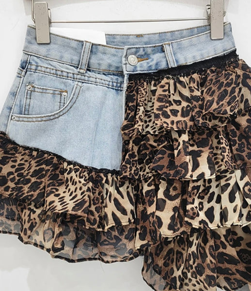 Women Sexy Fashion Leopard Print Asymmetrical Denim Skirt