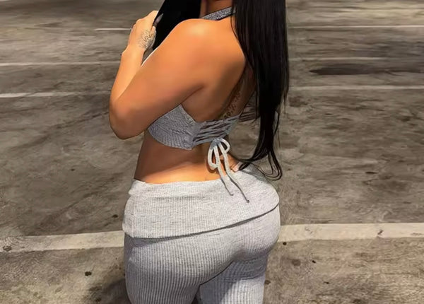 Women Sexy Halter Sleeveless Ribbed Two Piece Pant Set