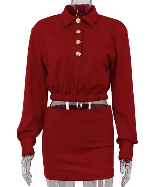 Women Red Sexy Button Full Sleeve Two Piece Skirt Set