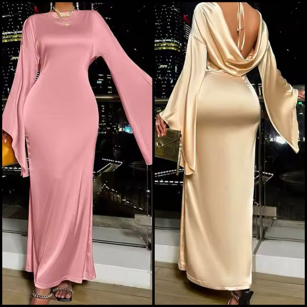Women Sexy Satin Full Flare Sleeve Open Back Maxi Dress