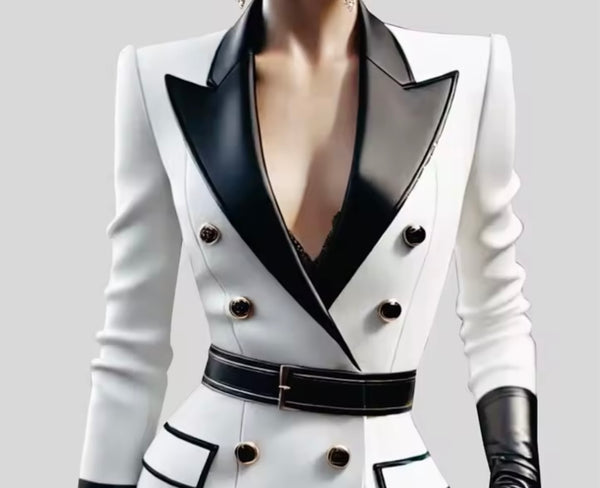 Women Fashion Faux Leather B&W Button Pocket Dress