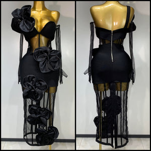 Women Sexy Black One Shoulder 3D Floral Mesh Maxi Dress