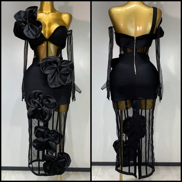 Women Sexy Black One Shoulder 3D Floral Mesh Maxi Dress