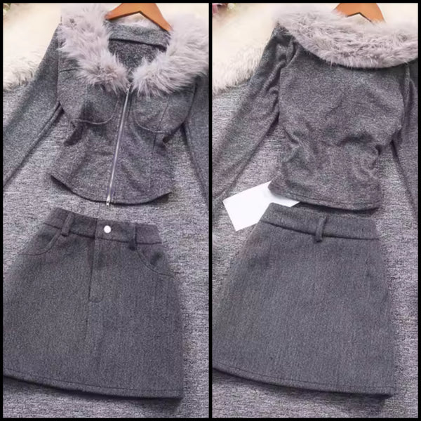 Women Gray Fur Patchwork Zip Up Full Sleeve Two Piece Skirt Set