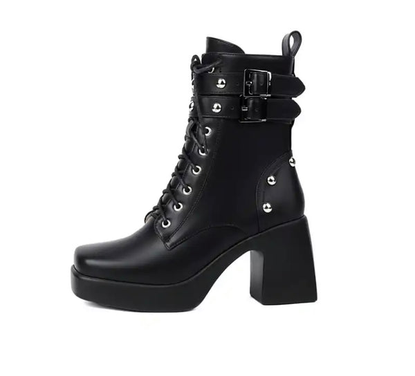 Women Fashion Platform Buckled Lace Up Ankle Boots