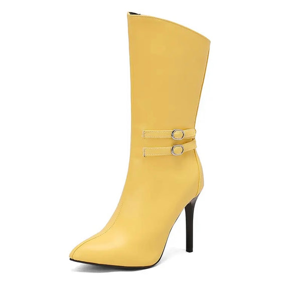 Women Pointed Toe Buckled Faux Leather Fashion Ankle Boots