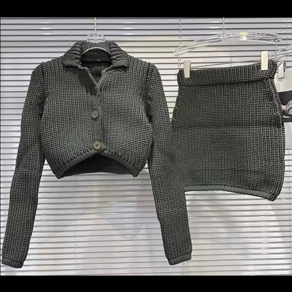 Women Fashion Button Up Full Sleeve Knit Two Piece Skirt Set