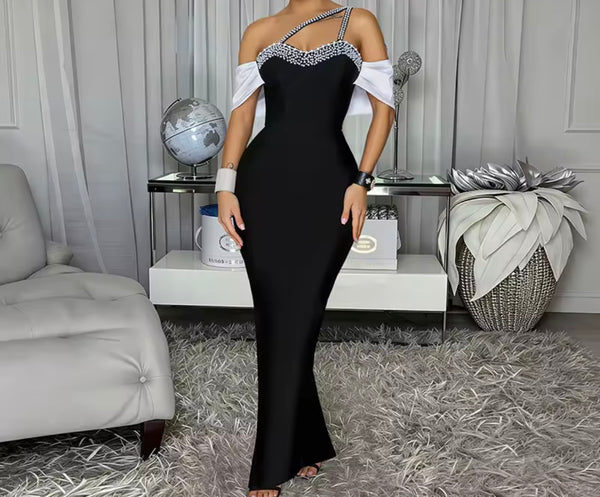 Women Sexy One Shoulder Pearl B&W Maxi Dress