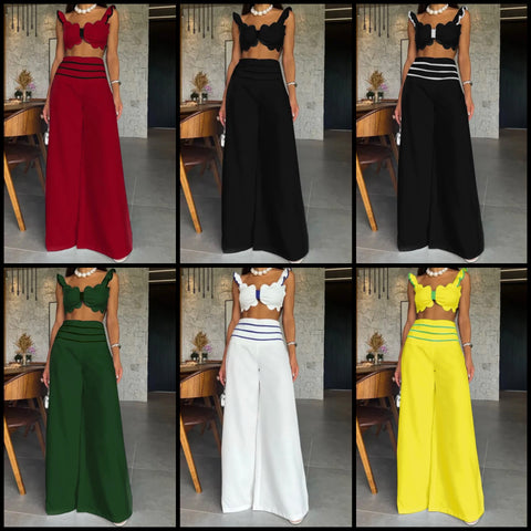 Women Sexy Ruffled Sleeveless Two Piece Wide Leg Pant Set