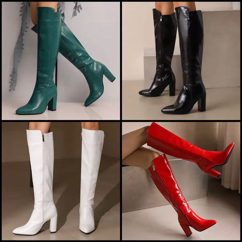 Women Color Faux Leather Fashion Knee High Zip Up Boots