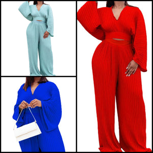 Women Sexy Fashion Full Sleeve Pleated Two Piece Pant Set