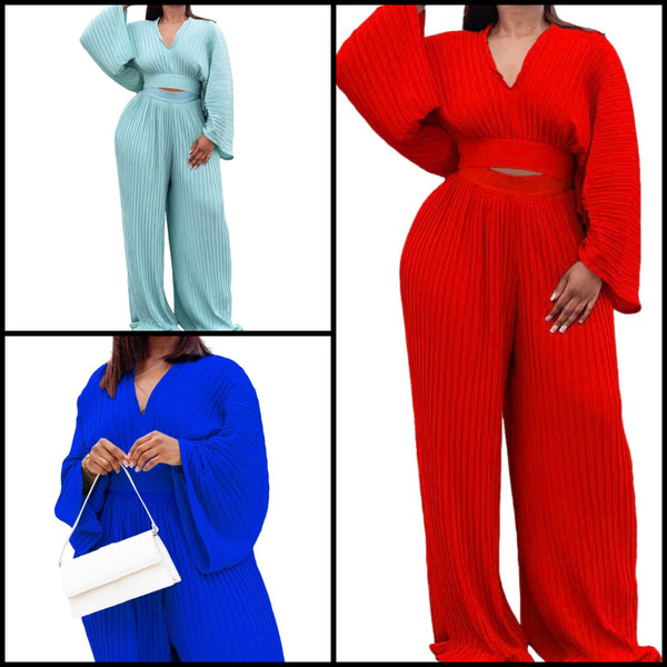Women Sexy Fashion Full Sleeve Pleated Two Piece Pant Set