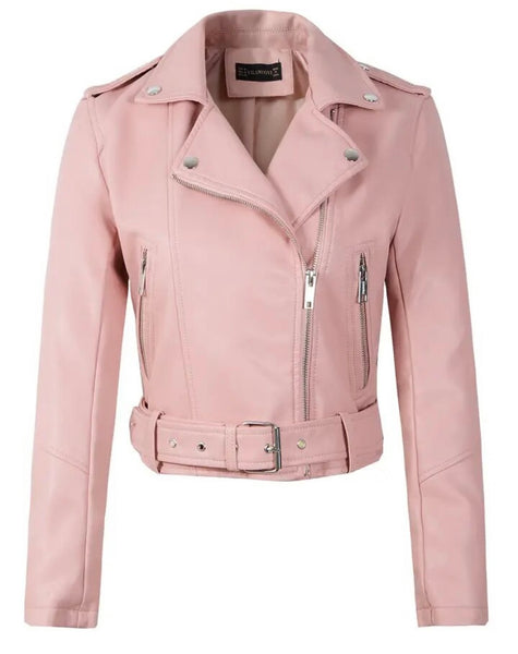 Women Color Zip Up Buckled Faux Leather Fashion Jacket