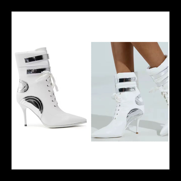 Women Fashion White Pointed Toe Lace Up High Heel Ankle Boots
