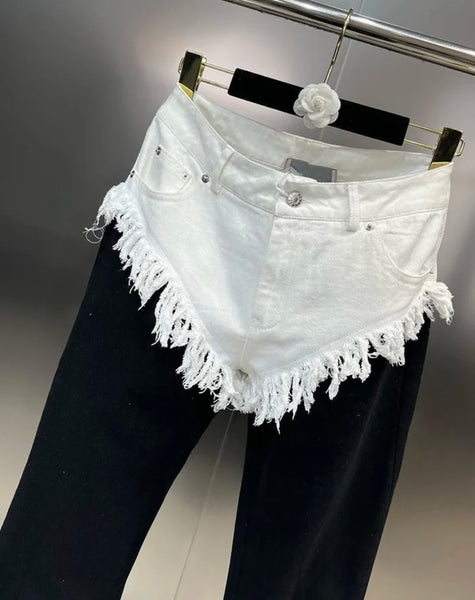 Women Color Patchwork Fashion Fringe Denim Pants