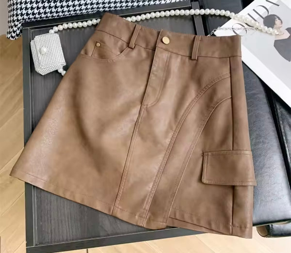 Women Fashion Color PU Leather Skirt
