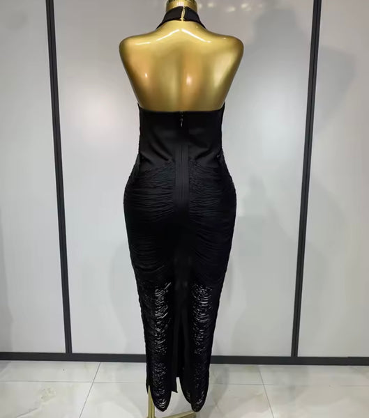 Women Black Sexy Halter Sleeveless Fringe Dress