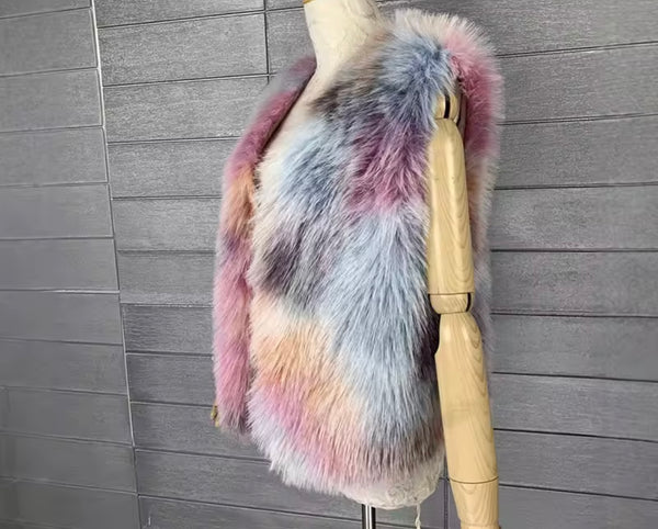 Women Multicolored Faux Fur Fashion Vest Jacket