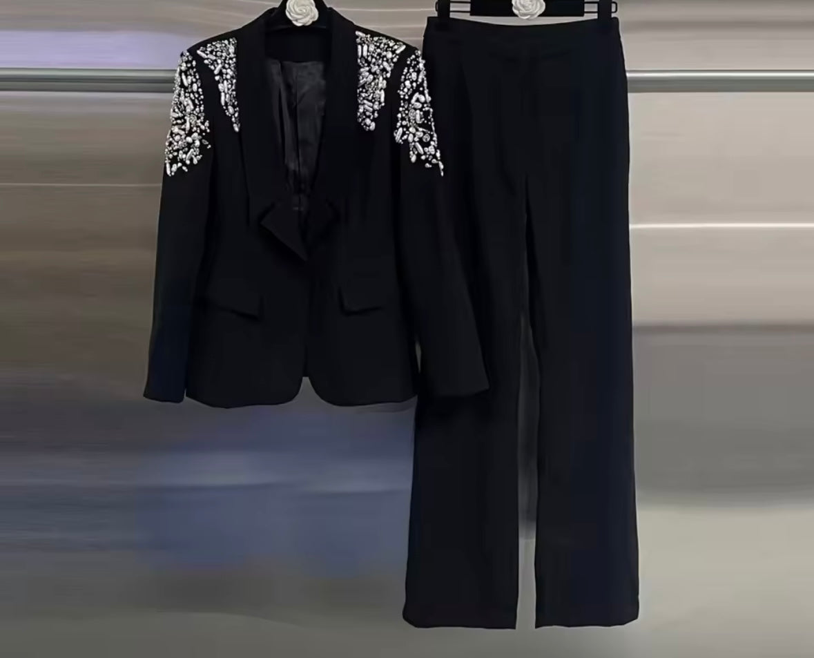Women Black Rhinestone Full Sleeve Blazer Two Piece Pant Set