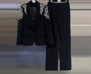 Women Black Rhinestone Full Sleeve Blazer Two Piece Pant Set