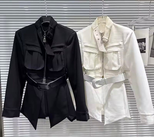 Women Fashion Buckled Pocket Cut Out Back Trench Jacket