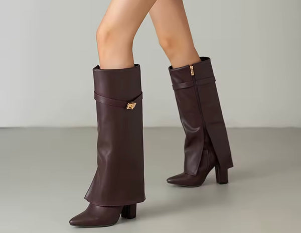 Women Pointed Toe Buckled Fashion Faux Leather Knee High Boots