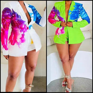 Women Sexy Fashion Printed Full Sleeve Blazer Two Piece Short Set