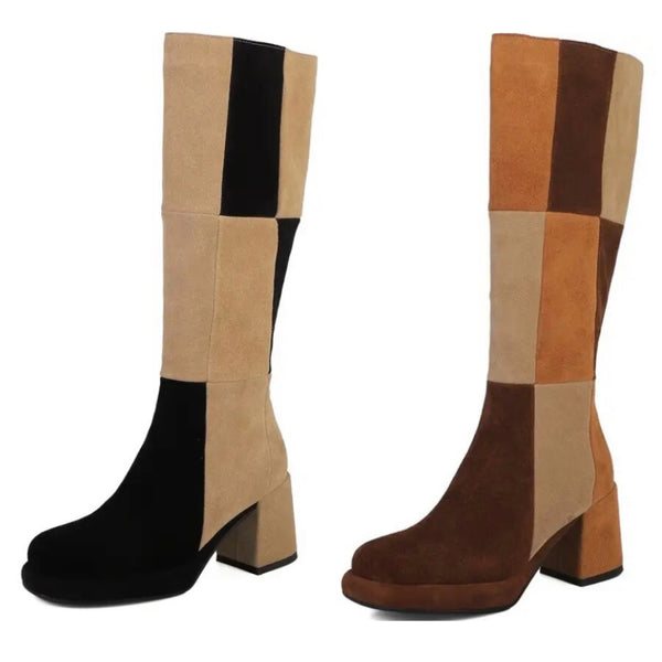 Women Fashion Suede Color Patchwork Knee High Boots