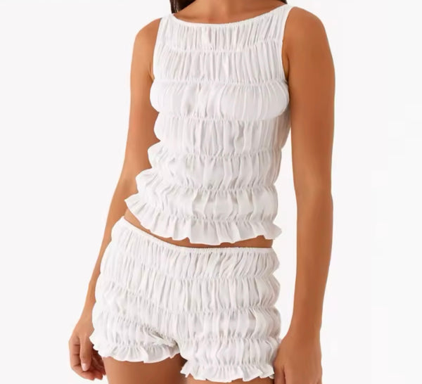 Women Sleeveless Solid Color Ruffled Crop Two Piece Short Set