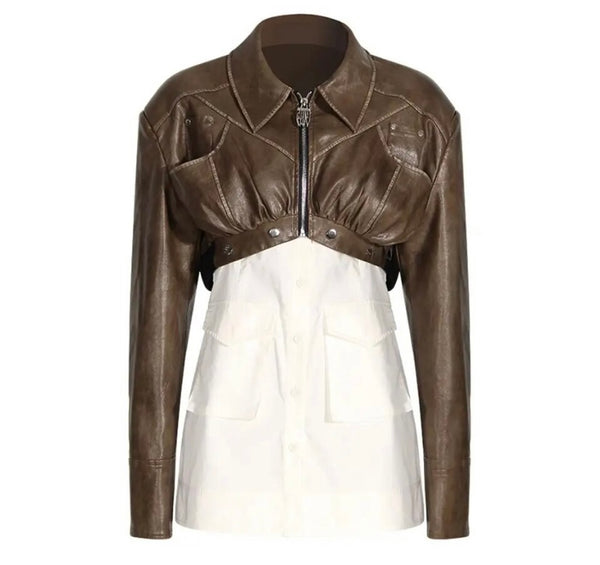 Women Fashion Button Up Faux Leather Patchwork Jacket