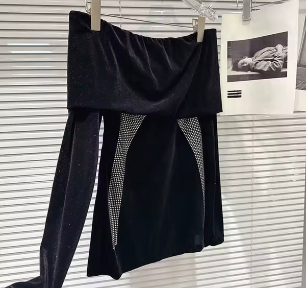 Women Black Bling Off The Shoulder Velour Two Piece Pant Set